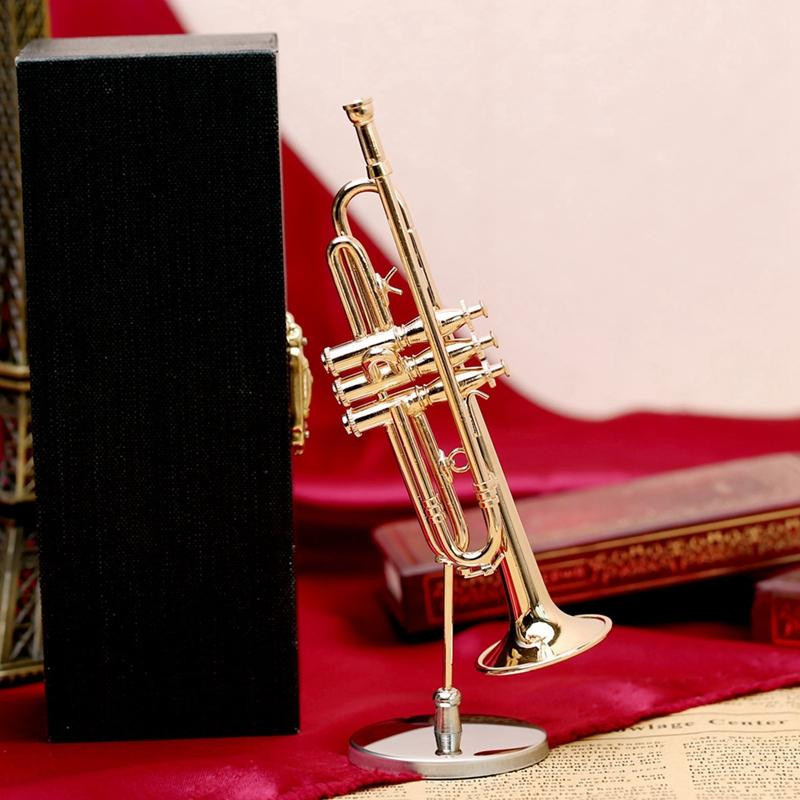 Yiran Furniture Kupfer-Miniatur-Trompete in Gold mit Ständer und Koffer als dekoratives Modell für den Tisch - Bild 2