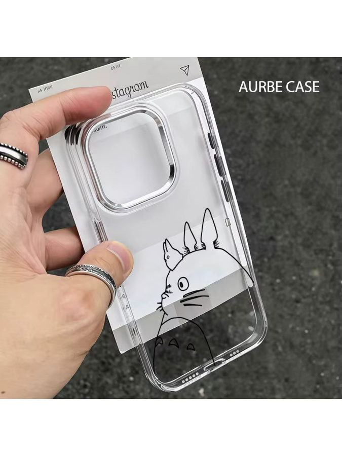 Aurbe Handyhülle mit Totoro Linien-Skizzen-Design für iPhone 17 16 15 14 13 12 11 Pro Max und 16E, Transparente Schale mit silbernem Linsenrahmen - Bild 3