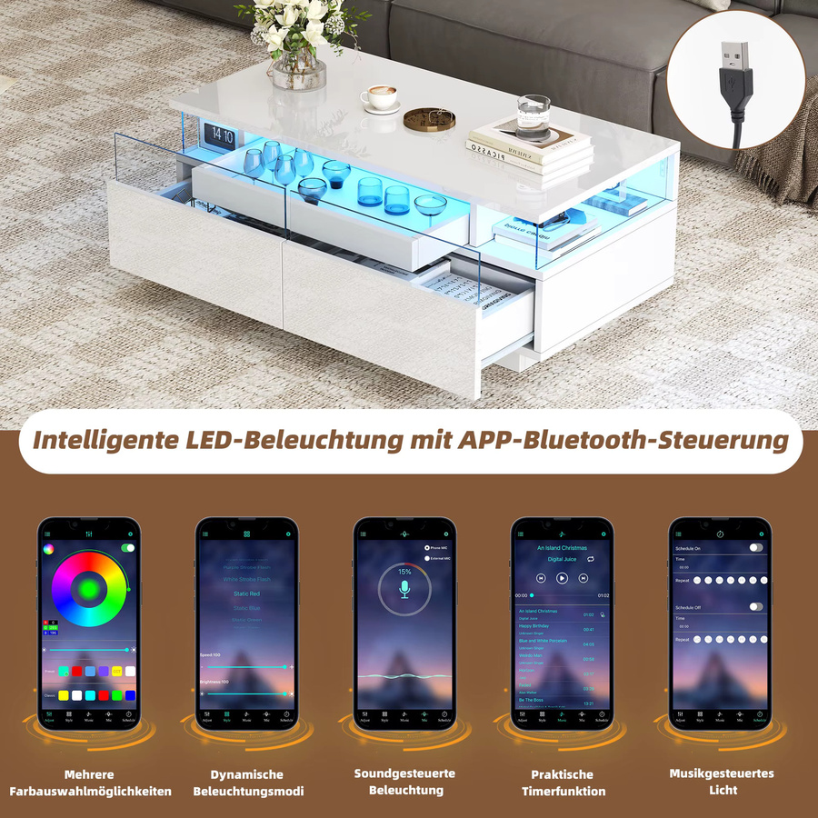 Okwish Couchtisch mit LED-Licht und 2 Schubladen aus Glas in Weiß, Breite: 90 cm - Bild 3