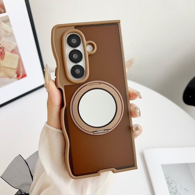Samsung Galaxy Z Fold 7 6 5 4 Magnetische Hülle mit 360 Grad drehbarem Spiegelständer und 3D Wellenrand in Braun - Bild 1