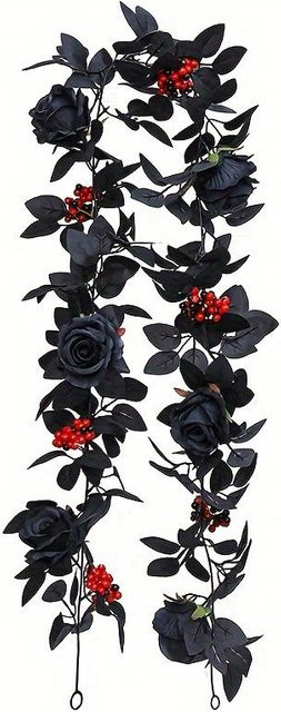 Künstliche Halloween Girlande von Yiran Furniture mit schwarzen Rosen, Eukalyptus, roten Beeren und Schleierkraut, Länge: 174 cm, Farben: Schwarz, Rot, Grün - Bild 1