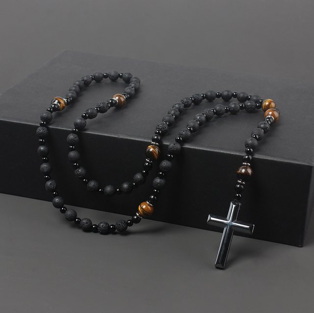 Halskette mit Kreuz Anhänger, Lavastein, Perle, Tigerauge, Hämatit, Herren - Bild 1