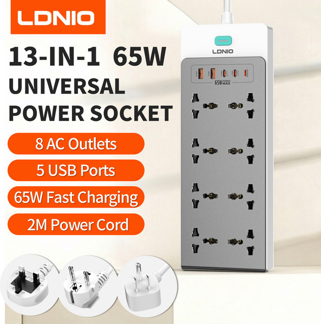 LDNIO 13-in-1 Steckdosenleiste in Weiß mit 2500W, 65W Ladestation, 8 AC-Steckdosen sowie USB-C und USB-A Anschlüssen - Bild 1