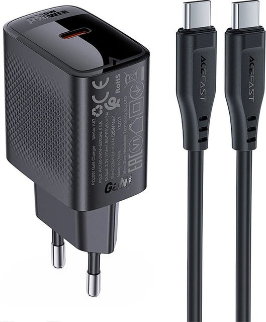 Acefast A82 Netzladegerät mit USB-C Kabel, 20W, 3A, Schwarz - Bild 1