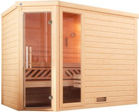 WEKA Massivholzsauna Turku 3 für 6 Personen in Braun inklusive 9 kW Ofen mit integrierter Steuerung und Sparset mit Glasfenster und Glastür - Bild 1