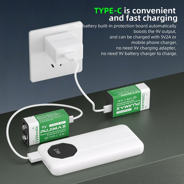 PUJIMAX 9V Lithium-Wiederaufladbare Batterie 1200mAh mit Typ-C USB Anschluss für Multimeter, Mikrofon und Spielzeug - Bild 1