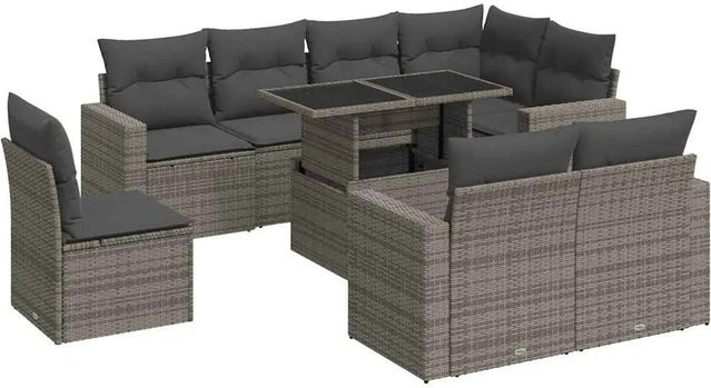 vidaXL 9-tlg. Garten-Sofagarnitur in L-Form aus grauem Poly-Rattan mit Kissen und pulverbeschichtetem Stahlgestell - Bild 1