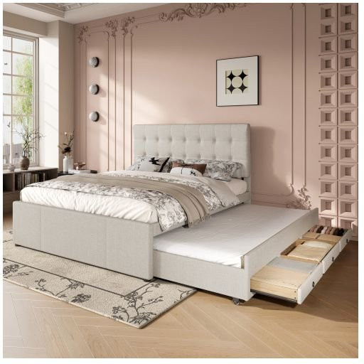 MUVOE Doppelbett aus Massivholz mit Aufbewahrungsschubladen und verstellbarem Kopfteil, Farbe: Beige, B/T/H: 140 x 200 cm - Bild 1