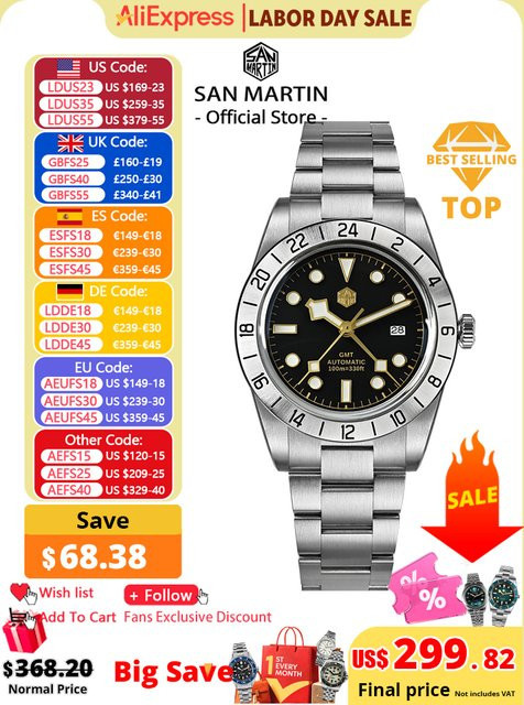 San Martin Herrenuhr, GMT, Automatik, Edelstahl, 38,3 mm, Saphirglas - Bild 1