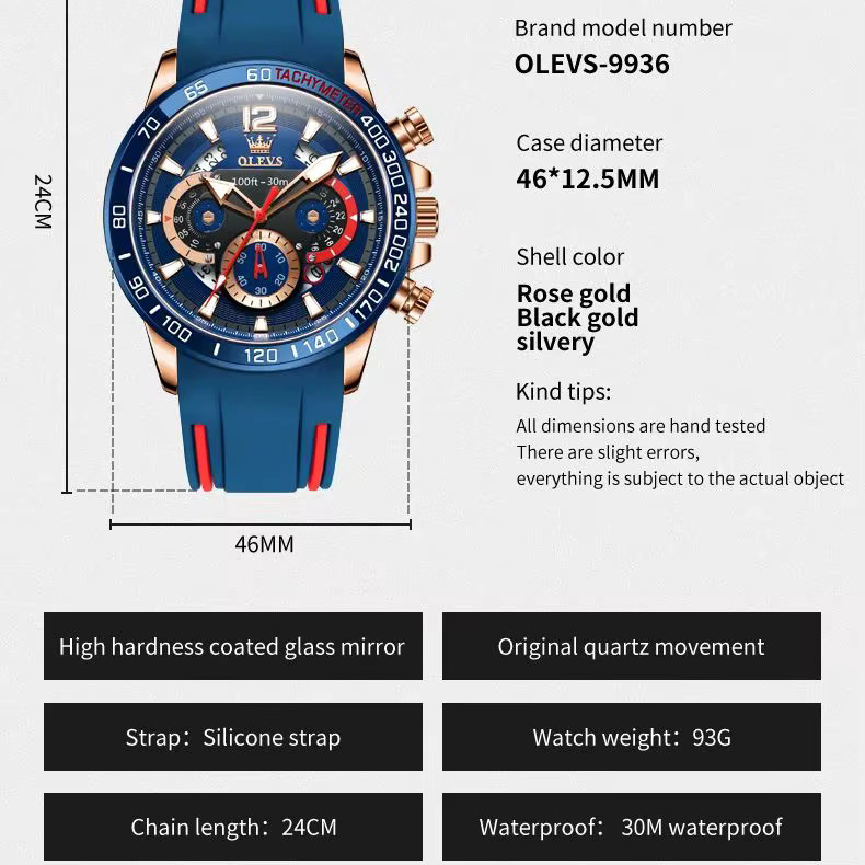 OLEVS Chronographenuhr, Quarz, Edelstahl, Kautschukarmband, Schwarz, Herren - Bild 5