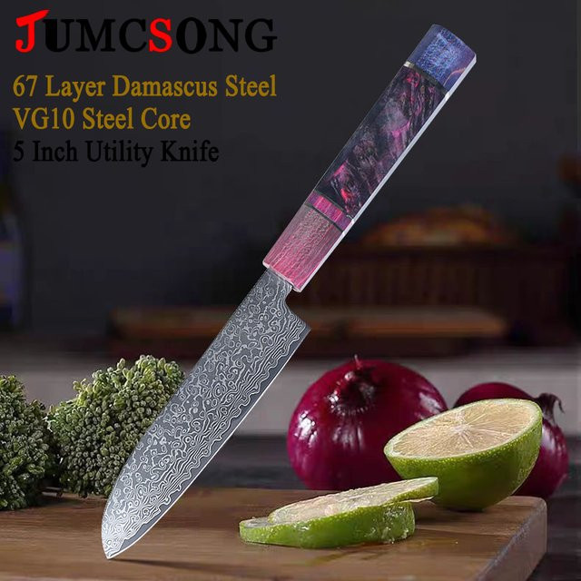 JUMCSONG Damaszener Küchenmesser mit VG10-Kern, 5 Zoll Schälmesser aus Damaststahl, weiß und mehrfarbig mit Holzgriff - Bild 1