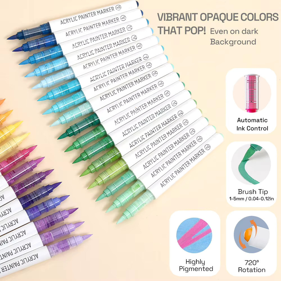 Aixxhh Acrylmarker Set mit Pinselspitze und automatischer Tintenregulierung, 9-teiliges Set in Multicolour mit 7 professionellen Farben - Bild 2