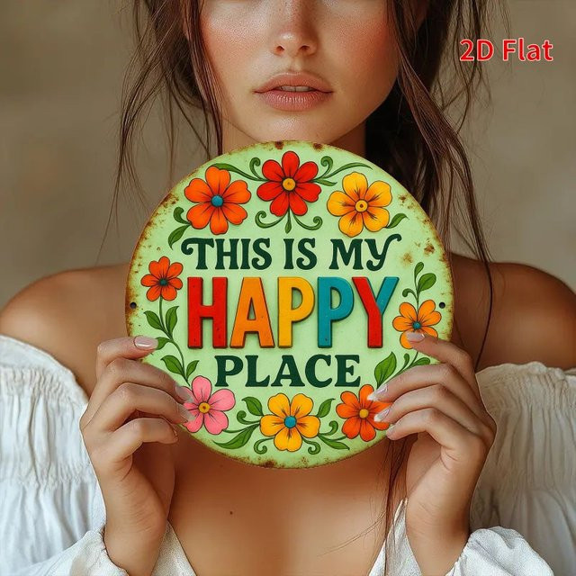 Potdemiel Vintage Rundes Eisenschild This is My Happy Place mit bunten Blumen, Durchmesser: 20,32 cm, Rustikale Wanddekoration aus Metall - Bild 1