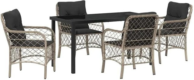vidaXL Garten Essgruppe aus Poly Rattan mit Glasplatte und Kissen, 5-teilig, Hellgrau-anthrazit - Bild 1