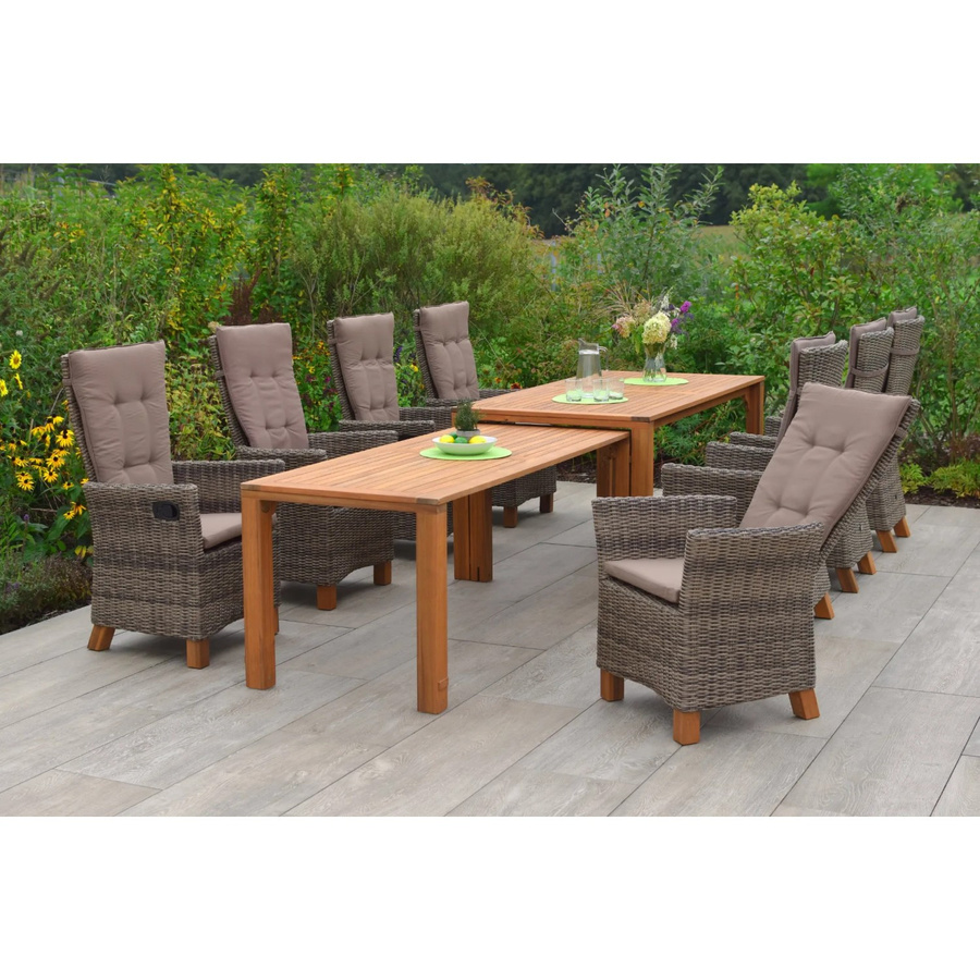 Merxx Gartenmöbelset Toskana 9-teilig mit ausziehbarem Tisch und 8 Sitzplätzen aus Akazienholz und Kunststoffgeflecht in Beige und Braun - Bild 2