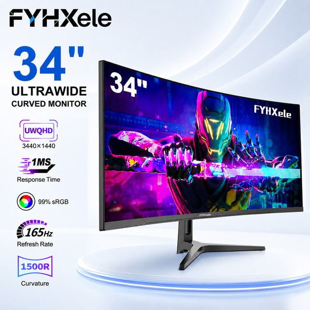 FYHXele Curved Gaming Monitor 34 Zoll UWQHD 165Hz 1ms 1500R Ultra Wide Display in Schwarz - Bild 1