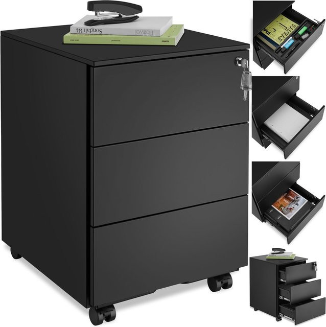 tectake Aktenrollschrank Magna aus pulverbeschichtetem Stahl mit 3 Schubladen in Schwarz, B/T/H: 39 x 45 x 55 cm - Bild 1