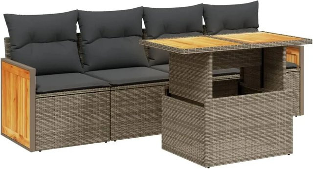vidaXL 5-teilige Garten-Sofagarnitur aus Poly-Rattan und Akazienholz in Grau mit Kissen - Bild 1