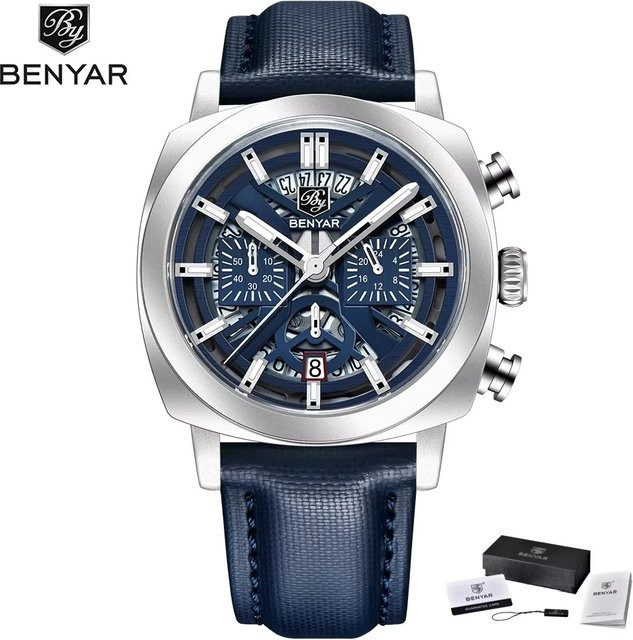 BENYAR Chronograph Herren-Sportuhr, Quarz, Lederarmband, Edelstahl, Silver Blue - Bild 1