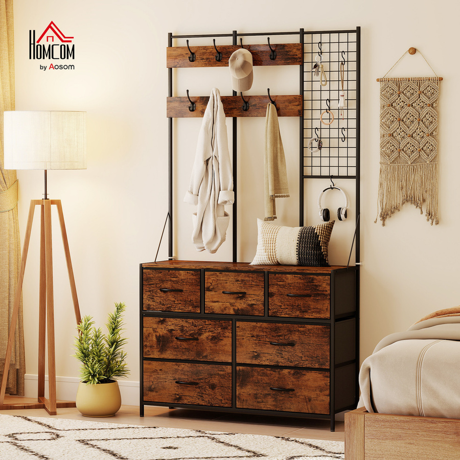 HOMCOM Garderobenständer im Industrie-Design mit Kommode und 7 Stoff-Schubladen, Kleiderständer in Rustikal-Braun mit 14 Haken für Flur und Schlafzimmer, Höhe: 183 cm - Bild 2