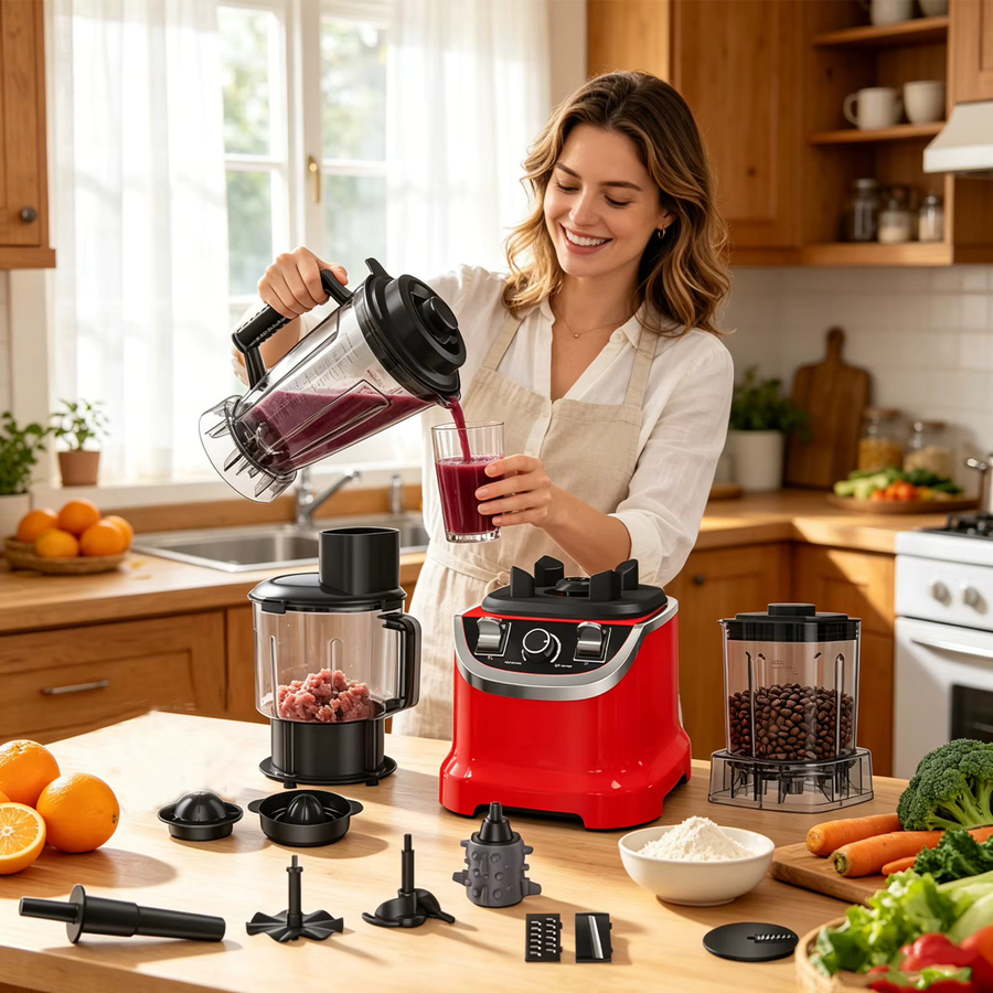 Betuyoo 8-in-1 Multifunktionaler Mixer in Rot, 9500W Hochgeschwindigkeitsmixer mit 3L Volumen und 32000RPM, Küchenmaschine als Entsafter, Fleischzerkleinerer und Smoothie-Maker - Bild 5