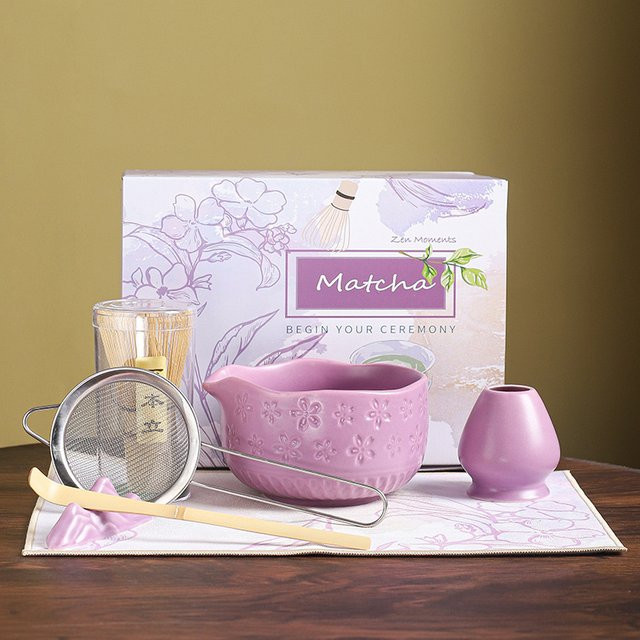 7-teiliges Matcha-Set mit Sakura-Design, grüne Keramikschüssel und Schneebesen für die Teezeremonie - Bild 1