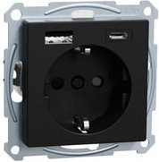 Merten Steckdose mit Schutzkontakt und USB-Ladegerät Typ USB-A und USB-C, System M, Schwarz - Bild 1