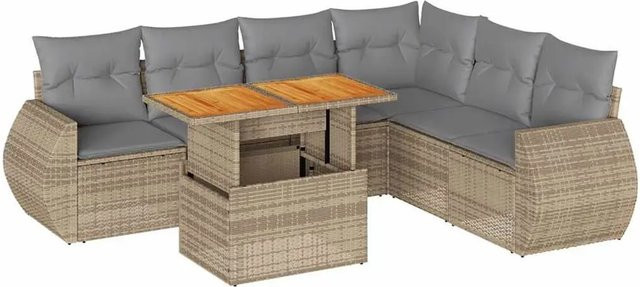 vidaXL 7-teilige Garten-Sofagarnitur in L-Form aus Poly-Rattan und Akazienholz mit Kissen in Beige und Hellgrau - Bild 1