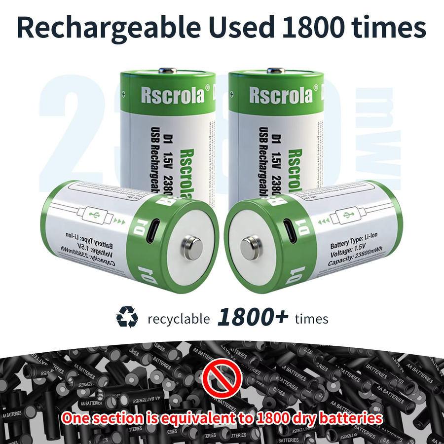 RSCROLA USB wiederaufladbare Lithium-Batterie D-Größe LR20, 1,5V, 23800mWh, Farbe: Grün - Bild 4