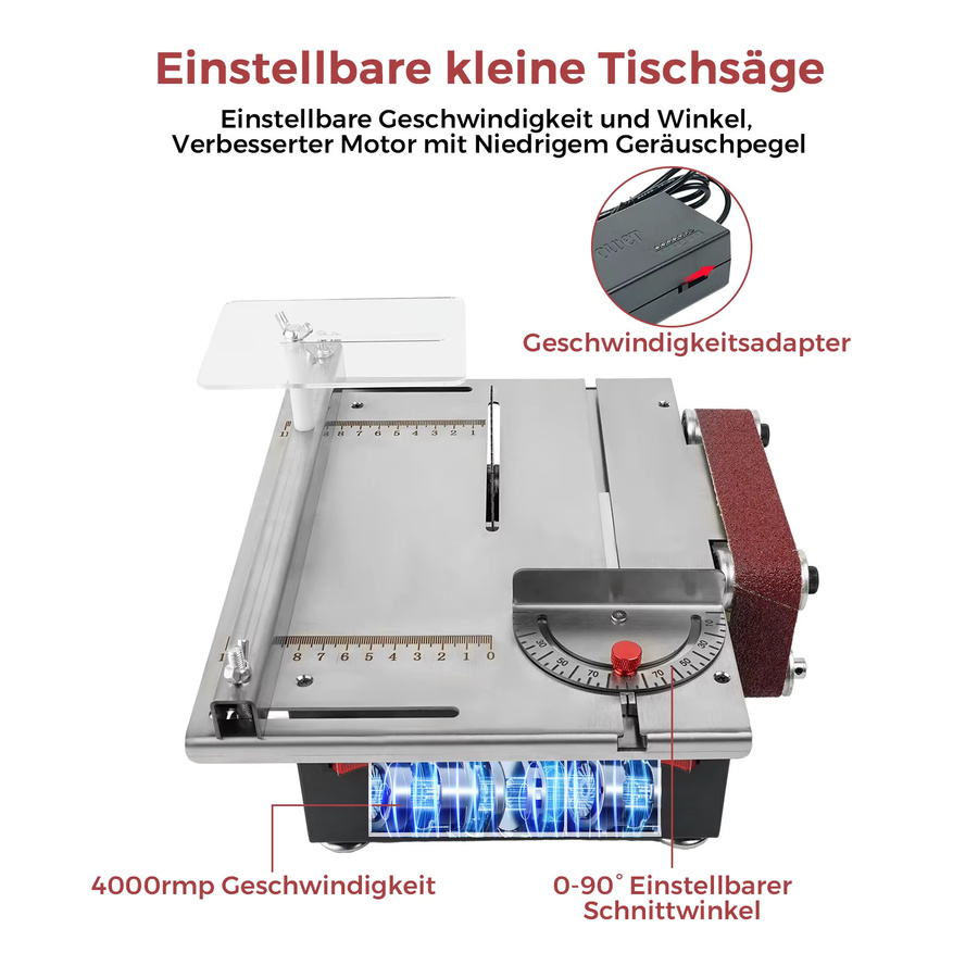 Multifunktionale 2-in-1 Mini-Tischkreissäge und Bandschleifer mit 300W Doppelmotor-Steuerung und Edelstahl-Arbeitstisch in Silber, B/T/H: 29,0 x 25,5 x 10,0 cm - Bild 2
