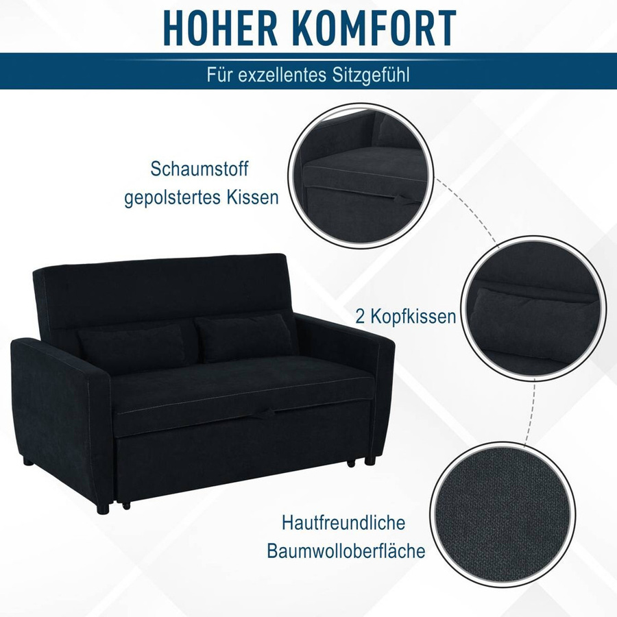 HOMCOM Schlafsofa 2-Sitzer mit Bettfunktion in Schwarz aus Samtoptik, B/H/T: 148 x 89 x 82 cm - Bild 4