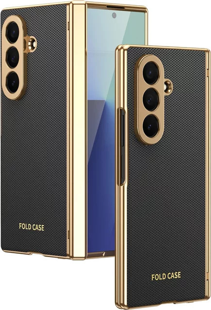 Stoßfeste Leder-Handyhülle mit Scharnierschutz und goldenem Rand für Samsung Galaxy Z Fold 7, 6, 5, 4, 3 in Schwarz, Blau oder Gold - Bild 1
