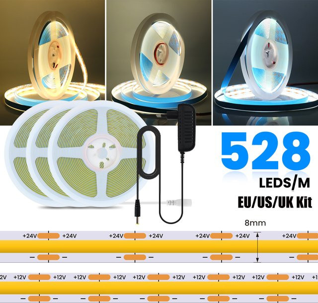 HEGEHE COB LED Streifen Kit mit Netzteil, Warmweiß/Naturweiß, IP20, DC 12V 24V, 528 LEDs/m - Bild 1