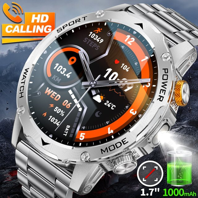 LIGE Militärische Smartwatch für Herren mit 1,7 Zoll AMOLED Display, 1000mAh Akku, LED-Taschenlampe, Herzfrequenzmessung, Wasserdichtigkeit und Bluetooth-Anruffunktion in Schwarz und Silber - Bild 1