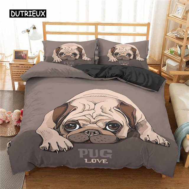 Binchi Bettwäsche Set Mops mit Blumen Motiv für Kinder und Teenager, 3-teilig, Grau, B/H: 140 x 200 cm - Bild 1