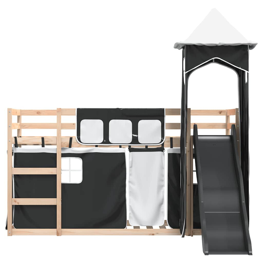 vidaXL Etagenbett für Kinder aus Kiefernholz mit Rutsche und Vorhängen in Weiß, Schwarz und Anthrazit, B/T/H: 80-90 x 190/200 cm - Bild 4