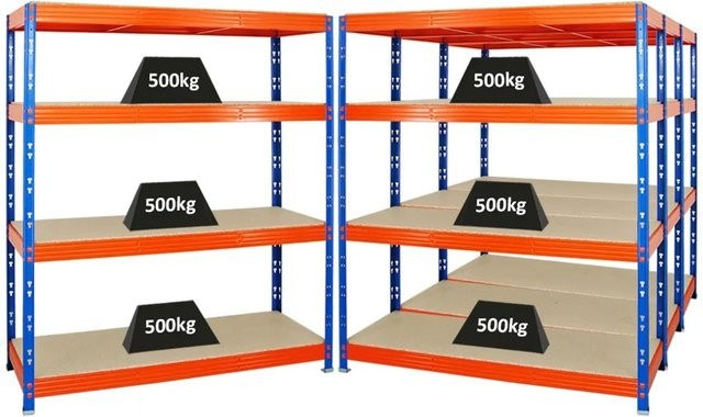 PROREGAL Rhino Schwerlastregal Set aus 4 Einheiten, Blau-Orange, H x B x T: 180 x 160 x 60 cm, mit 4 verstellbaren MDF-Holzplatten pro Regal, Fachlast 500 kg - Bild 1
