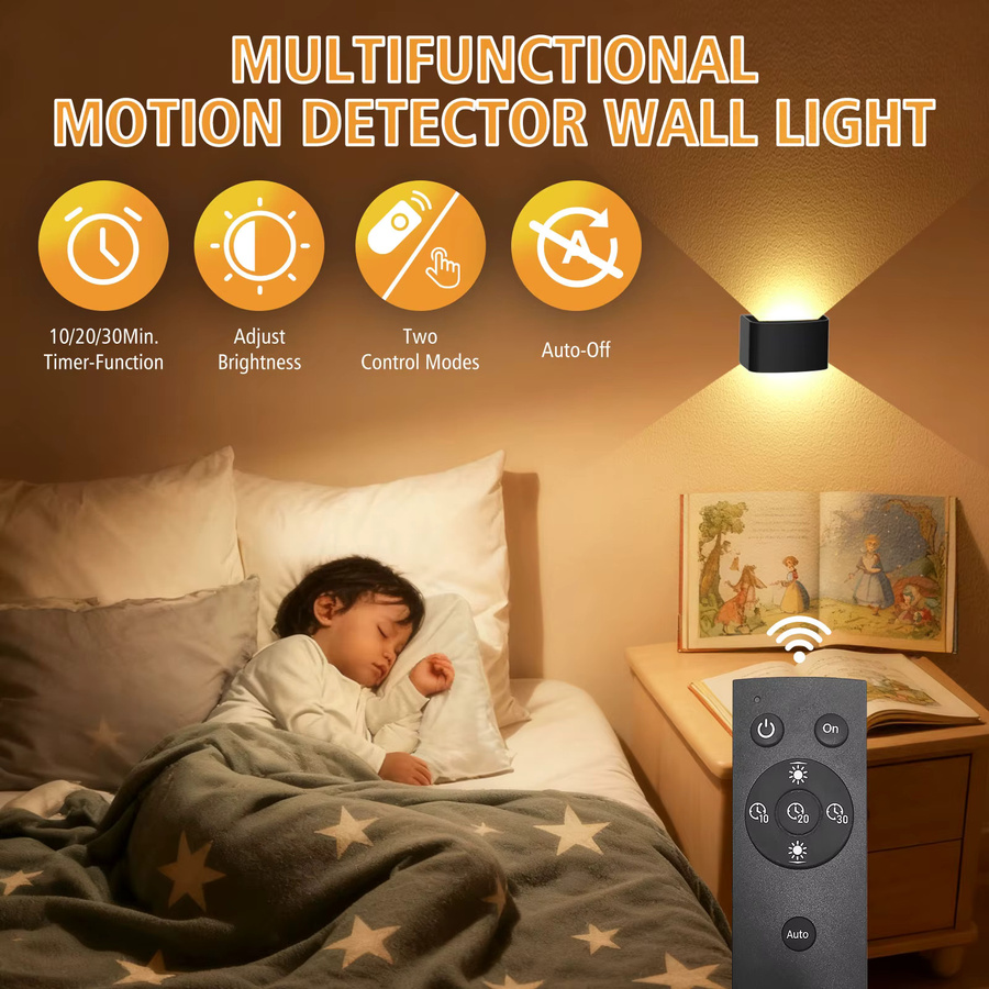 T-SUNRISE Wiederaufladbare LED-Wandleuchte in Schwarz mit Bewegungssensor und Fernbedienung, Warmweiß, Up-and-Down Licht für den Innenbereich - Bild 5