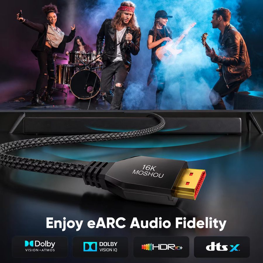 MOSHOU HDMI 2.2 Kabel in Schwarz für 16K, 4K@480Hz und 12K@120Hz mit 96Gbps Hochgeschwindigkeit, unterstützt HDR, eARC, DTS:X und HDCP 2.3 für PS5, TV und Gaming-Monitore - Bild 2