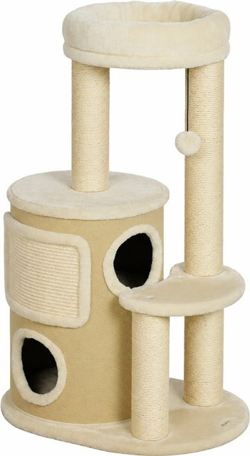 PawHut Kratzbaum Beige mit 2-stöckiger Kratztonne, Sisal-Kratzpfosten, Plattform und Spielball für Katzen bis 5kg - Bild 1