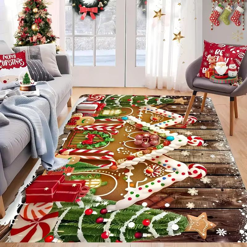 VIKAMA Druckteppich Set mit Weihnachtsthema und Süßigkeiten-Hüttenmuster für Schlafzimmer, Eingang, Garten und Terrasse - Bild 4