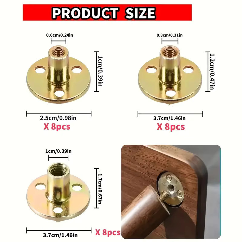 18-teiliges Set T-Muttern mit Flansch in Gold, verzinkt, Vollgewinde rechts, Größen M6/M8/M10 für die Möbelmontage und Befestigung - Bild 2