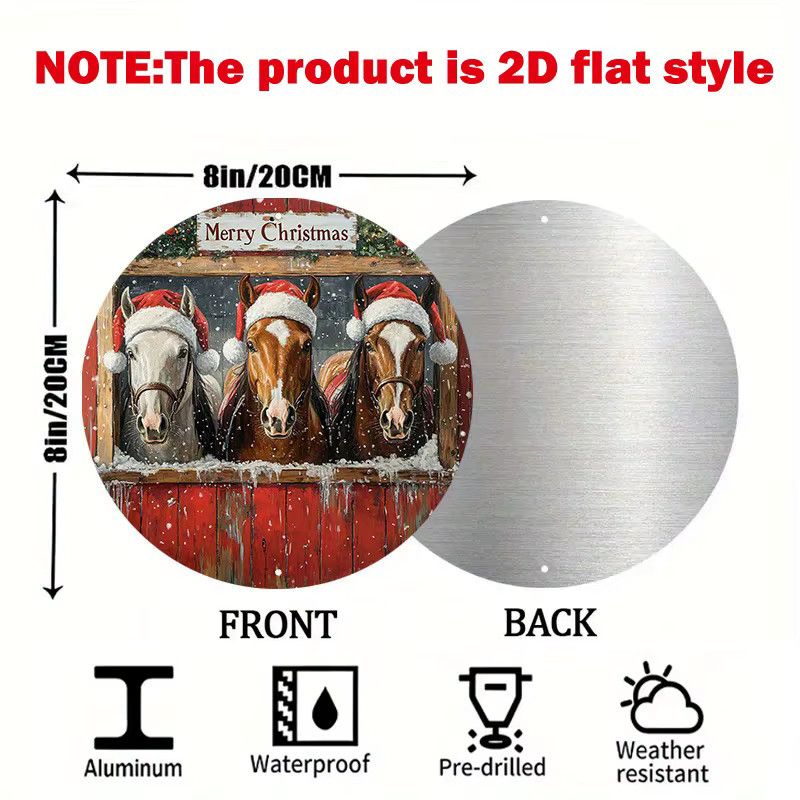 Potdemiel Metallwandschild Vintage Christmas Horses aus Aluminium, runde Weihnachtsdekoration mit Weihnachtsmannmützen, Durchmesser: 20,32 cm - Bild 2