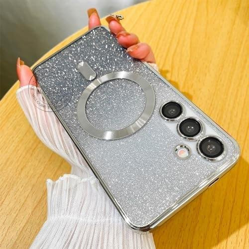 Glitzer-Cover für Samsung Galaxy S25 S24 S23 S22 S21 S20 Plus FE Ultra mit MagSafe und Wireless Charging in Transparent/Silver - Bild 1