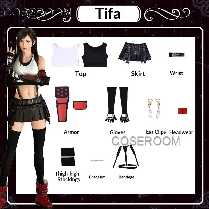 COSEROOM FF VII Tifa Cosplay Kostüm Perücken Set, Outfit Kleid - Bild 4