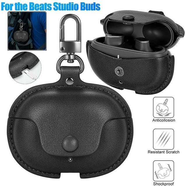 Schutzhülle aus PU-Leder für Beats Studio Buds und Buds+ Plus in Schwarz und Grün mit Schlüsselanhänger - Bild 1