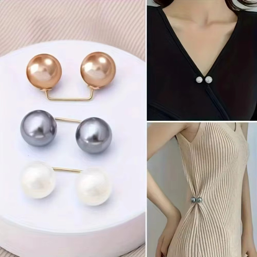 Mehrfarbige Doppel-Kopf-Perlen-Brosche als verstellbarer Kragen-Clip und rutschfeste Sicherheitsnadel zum Nähen und Befestigen von Taillen, Set aus Metall - Bild 3
