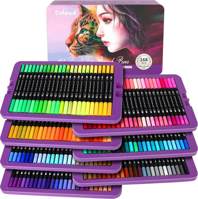 Dual-Pinsel-Markierungsstifte Set mit 168 Farben, Kunstmarker mit feiner Spitze und Pinselspitze für Malbücher und Bullet Journaling, Mehrfarbig - Bild 1