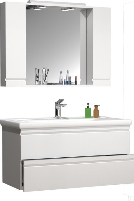 VCM Badmöbel Set Silora XL in Weiß Hochglanz, 3-teilig mit Keramik-Waschbecken, Unterschrank mit 100 cm Breite und Spiegelschrank mit LED-Beleuchtung - Bild 1