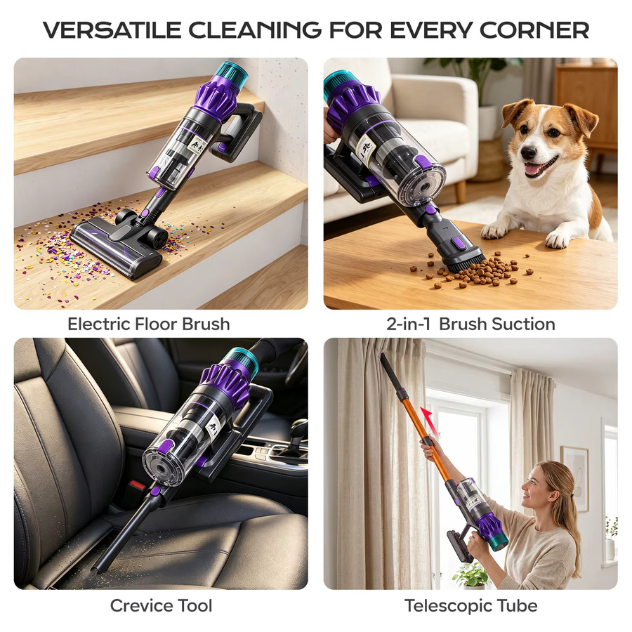 INSE V16 Kabelloser Staubsauger in Purple mit 500W, 75Kpa Saugkraft, Touchscreen, Infrarot-Staubsensor, 6-stufiger HEPA-Filtration und LED-Display für Hartböden und Teppiche - Bild 8
